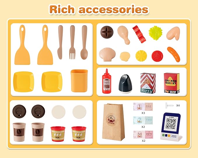 Kids Kitchen Food PlaySet - Simulated Teppanyaki Fast Food Restaurant Toy with Cash Register, Includes Color-Changing Food, Suitable Birthday Gift for Boys and Girls Aged 3-5