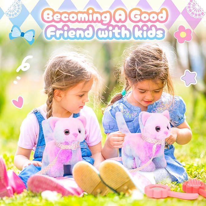 Tagitary Plush Toys Cat for Kids,Interactive Electronic Cat Toys That Can Move,Meow and Wag Tail,Stuffed Toys for Kids with Leash,Easter Christmas Birthday Gift for Toddlers Kids