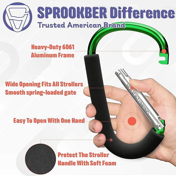 sprookber 6.7 Inch Large Stroller Hooks for Diaper Bags & Purses, Heavy Duty Mommy Hooks for Shopping, Grocery, Backpack – Baby Stroller Accessories, Set of 2 (Green)