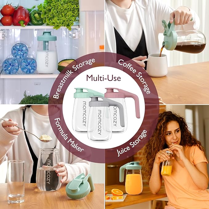 Momcozy Breast Milk Pitcher, Resistant to Heat and Cold Abrupt Temp Swings, No Leak Glass Breast Milk Fridge Storage Container with Wide Mouth, Fast Baby Formula Maker, Green