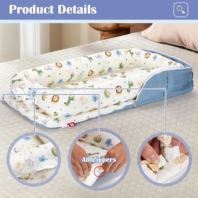 Baby Lounger for Newborn Portable Bag,Baby Nest Play Gym mat with Strap,Newborn Lounger Adjustable Size & Inner Zipper Lengthen Space to 24 Months,Animal World Blue