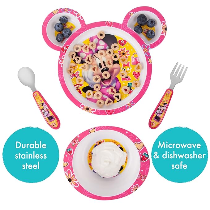 The First Years Disney Minnie Mouse Dinnerware Set - Toddler Plates and Toddler Utensils- 4 Piece Set