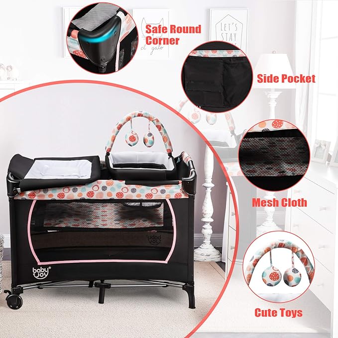 BABY JOY 4 in 1 Pack and Play, Portable Baby Playard w/Bassinet & Diaper Changing Table, Infant Nursery Center Bassinet with Toys & Oxford Bag for Baby Toddlers (Pink, Basic)