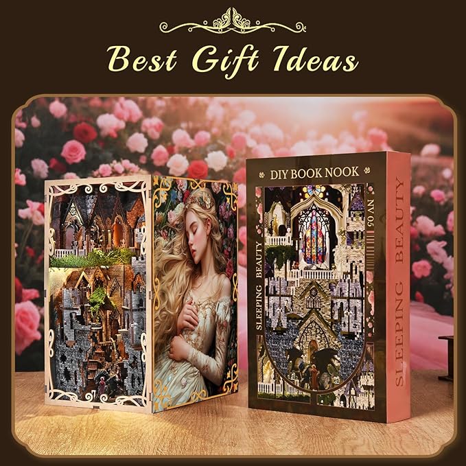 Book Nook Kit - DIY Miniature House 3D Wooden Puzzle for Adult and Teens, Booknook Bookshelf Decor Scale Model Build with LED Light, Gifts for Family and Friends (Sleeping Beauty)