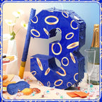 Number 3 Blue and Golden Rings Piñata for Kids Birthday Cartoon Theme Small Piñata with Blindfold Stick Confetti for Fiesta Cinco De Mayo Party Decor, 15.8 x 11 x 2.8 Inch