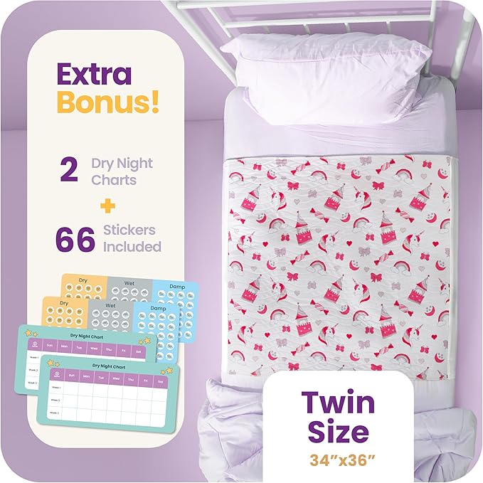 IMPROVIA® Toddler Bed Wetting Pad – 2 Pack 34x36 Waterproof Mattress Protector with Tuckable Wings – Ultra Absorbent, Non-Slip Washable Underpad for Kids & Potty Training – Unicorn Design (Unicorn)