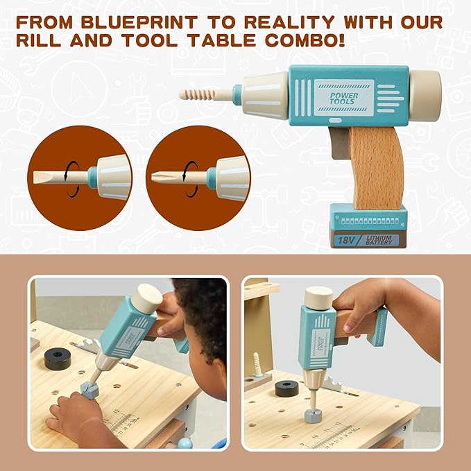 Kids Tool Set,Wooden Tools Bench with Apron Toddler Toy Workbench with Realistic Tools Electric Drill STEM Construction Toy Gifts for Age 3-9 Boys Girls