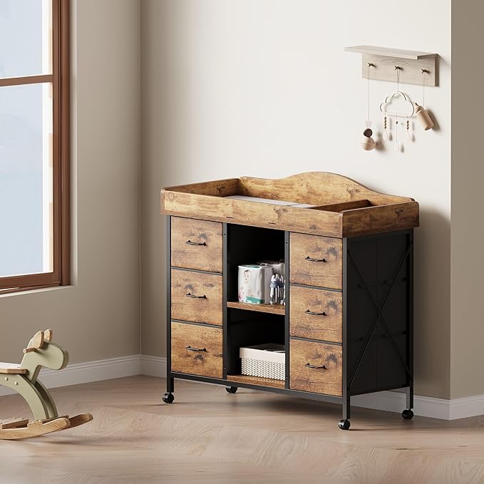 Changing Table, 6-Drawer Baby Dresser with Changing Table top,Waterproof Diaper Changing Station & Pad, 2 Height-Adjustable Open Storage Shelves, Mobile Nursery Organizer, Rustic Brown