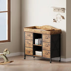Changing Table, 6-Drawer Baby Dresser with Changing Table top,Waterproof Diaper Changing Station & Pad, 2 Height-Adjustable Open Storage Shelves, Mobile Nursery Organizer, Rustic Brown