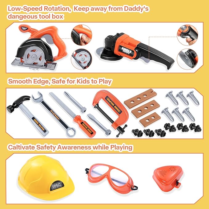 Kids Tool Set-Zealous Pretend Construction Toy with Kids Tool Belt, Toddler Tool Set with Angle Grinder Toys & Circular Saw, Child Play Tool Set for Boys Girls Ages 3,4,5,6,7 Years Old