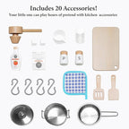 Wooden Play Kitchen for Kids with Realistic and Interactive Features, Includes 20 Toy Kitchen Accessories, Ideal Pretend Playset Gift for Kids and Toddlers Ages 3+