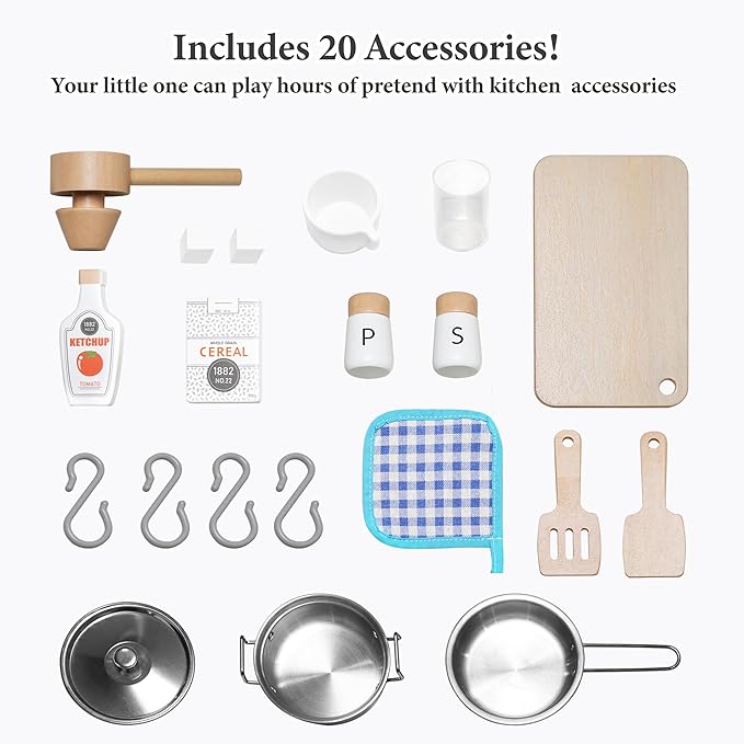 Wooden Play Kitchen for Kids with Realistic and Interactive Features, Includes 20 Toy Kitchen Accessories, Ideal Pretend Playset Gift for Kids and Toddlers Ages 3+