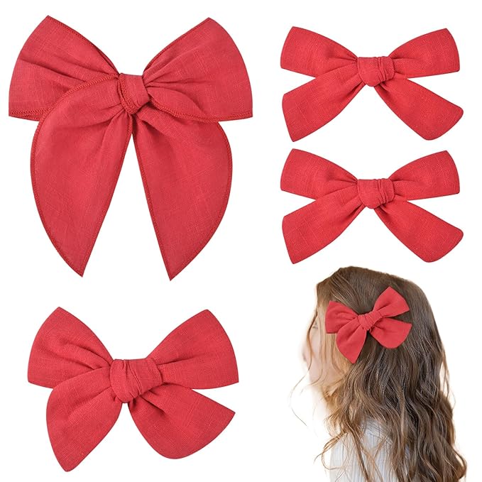 DEEKA 4 PCS Red Cotton Linen Hair Bows 3 Styles 5" & 4" Handmade Hair Bow set for Toddler Girls Alligator Hair Clips Knot Bows Hair Accessories for Little School Girls (Red)