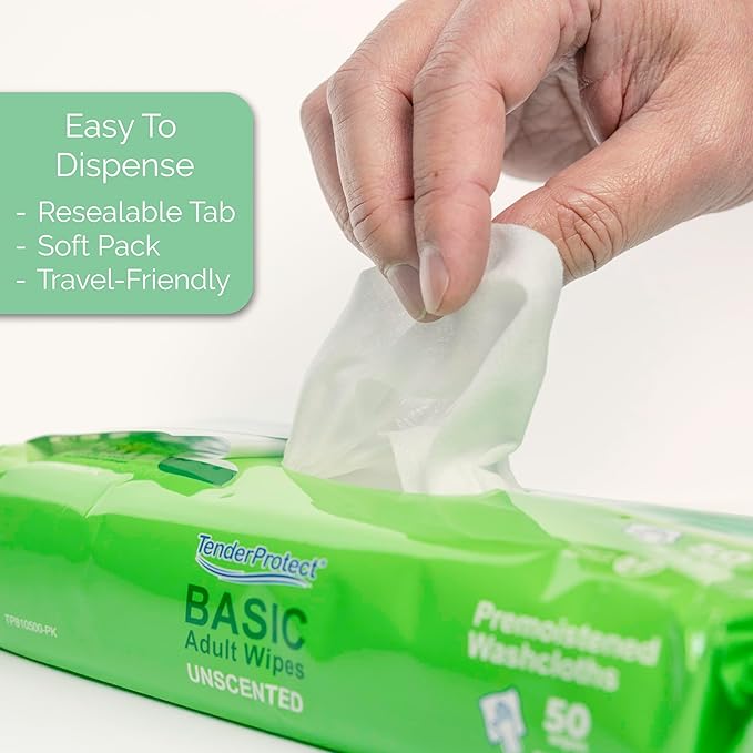 TenderProtect® Basic Adult Wipes, Large 8” x 10”, Super Soft Wash Cloths for Skin Cleansing, Everyday Wipes for Adults and Babies, Incontinence Care, Unscented & Hypoallergenic, 50 count(1 pk of 50)
