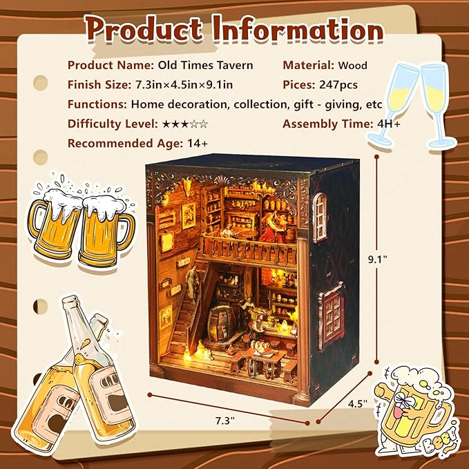 DIY Miniature House Kit, Book Nook Kit, 3D Wooden Puzzles Bookshelf Craft Kits, Dollhouse Kit with LED Light, Mini Building Kit for Adults Teen to Build (Old Time Tavern)