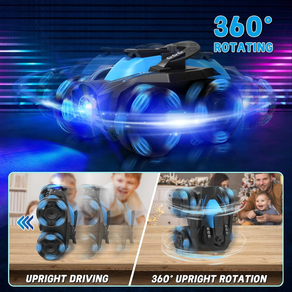 Eulogia RC Stunt Car for Boys 5-12, High Speed 360° Rotating, Drift 4WD Remote Control Car with Headlights, 2.4GHz Electric Rechargeable Race Stunt Toy Car for Boys Girls Birthday (Blue)