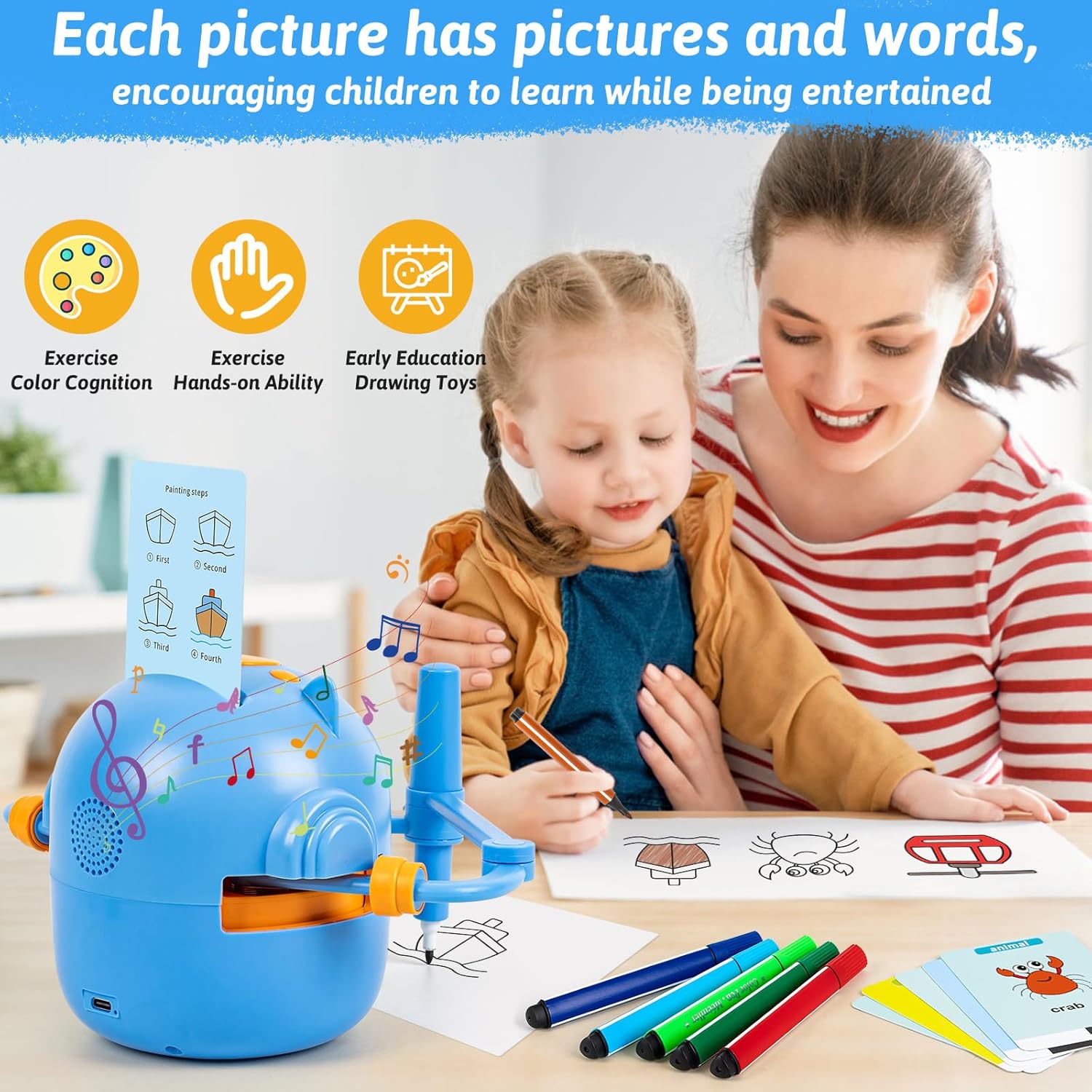 Drawing Robot for Kids, Interactive Educational Drawing Robot, Magic Painting Robot Toy with 100 Word Cards & 16 Color Pens for Girls and Boys Age 3+ (Blue)