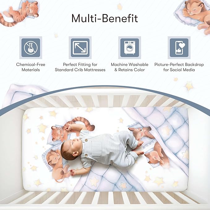 100% Cotton Fitted Crib Sheet, Woodland Dreams Sleeping Animal Pattern, Fox Fawn Lion Tiger, Standard 52 x 28 in Crib Mattress Fit