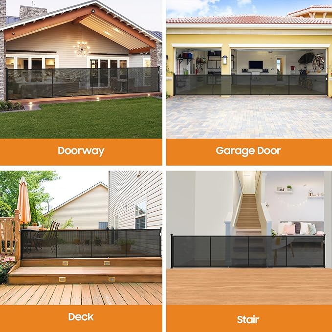 Retractable Baby Gates - 200" Extra Wide Retractable Dog Gate, 42" Extra Tall Mesh Gate Pet Gate with Support Rods, Long Child Safety Gate for Stairs Doorways Indoor Outdoor Large Openings - Black