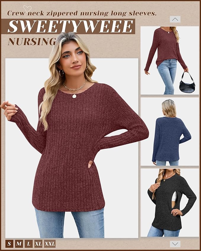 3 Pack Women's Nursing Long Sleeve Tops Breastfeeding Thermal Sweaters with Hidden Zipper Maternity Ribbed Shirts
