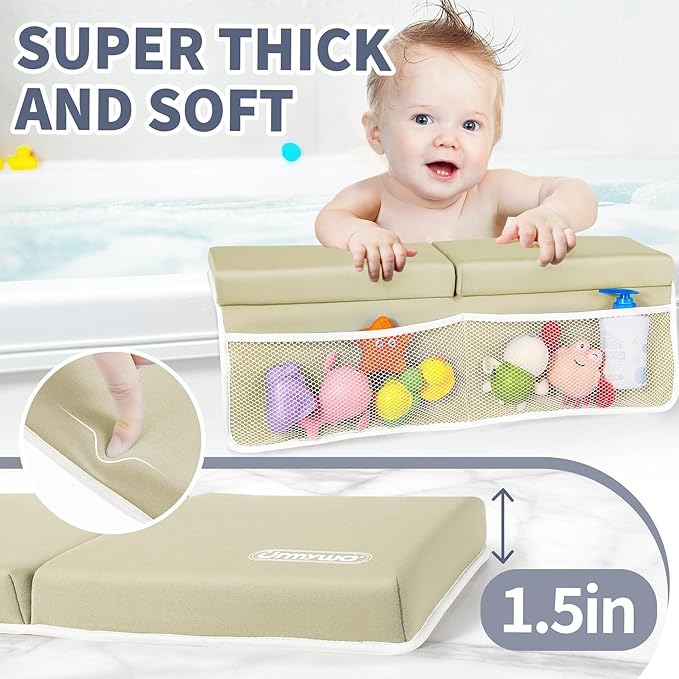 URMYWO Bath Kneeler and Elbow Rest Pad Set - 1.5" Thick Baby Bath Kneeler Pads with Toys Organizer, Anti-Slip Cozy Knee & Arm Support Bathtub Mat, Quick Dry Kneeling Pad for Baby Bath Time