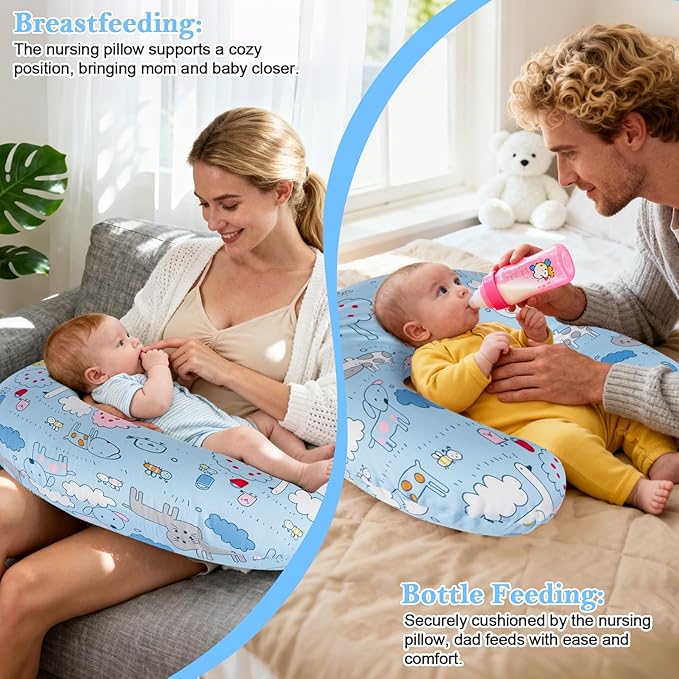 Nursing Pillow for Breastfeeding & Bottle Feeding - Ergonomic C-Shape Design with Breathable Filling & Removable Washable Cover, Supports 0-18 Months (Feeding, Tummy Time, Sitting), Hypoallergenic