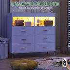 GarveeHome Dresser for Bedroom with 6 Drawers, Baby Changing Table Dresser with Changing Pad, LED Lights & Charging Station, Baby Changing Station with Changing Table Top, White