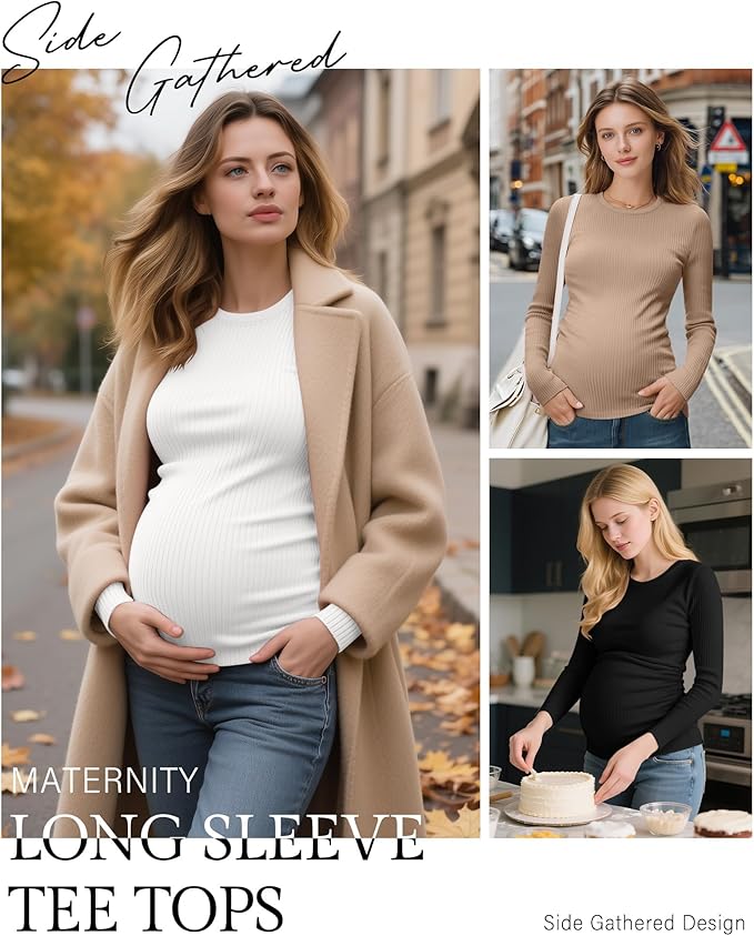Ficerd 4 Pack Women's Maternity Shirts Cotton Long Sleeve Ribbed Crew Neck Pregnancy Tops Side Ruched Casual Mama Clothes