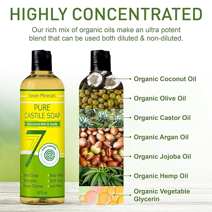 Pure Castile Soap - No Palm Oil, GMO-Free - Gentle Liquid Soap For Sensitive Skin & Baby Wash - All Natural Vegan Formula with Organic Carrier Oils (8 Fl Oz, An Unscented)