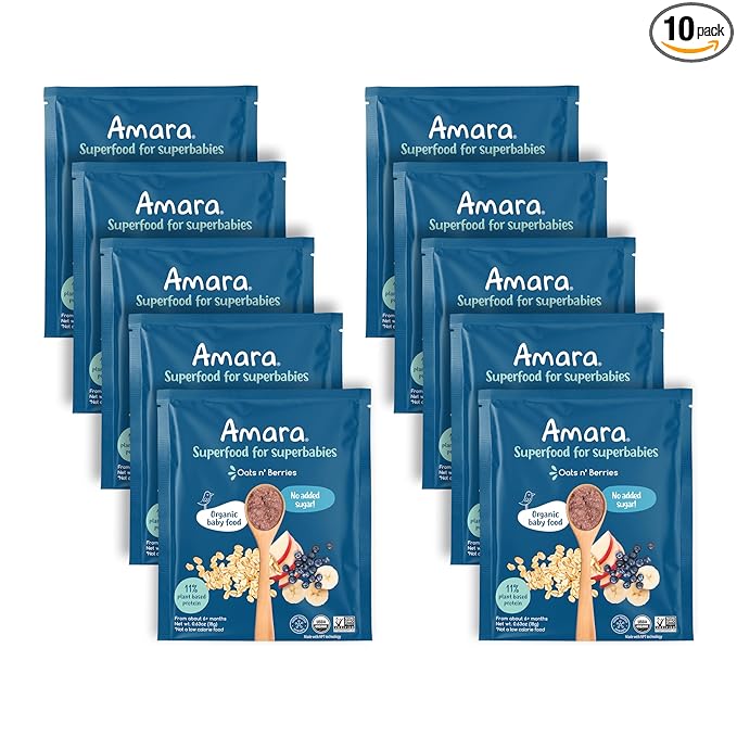 Amara Organic Baby Food | Oats and Berries | Baby Cereal to Mix With Breastmilk, Water, or Baby Formula | Baby Food Pouches, Made from Organic Fruit and Veggies | Stage 2 | 10 Pouches