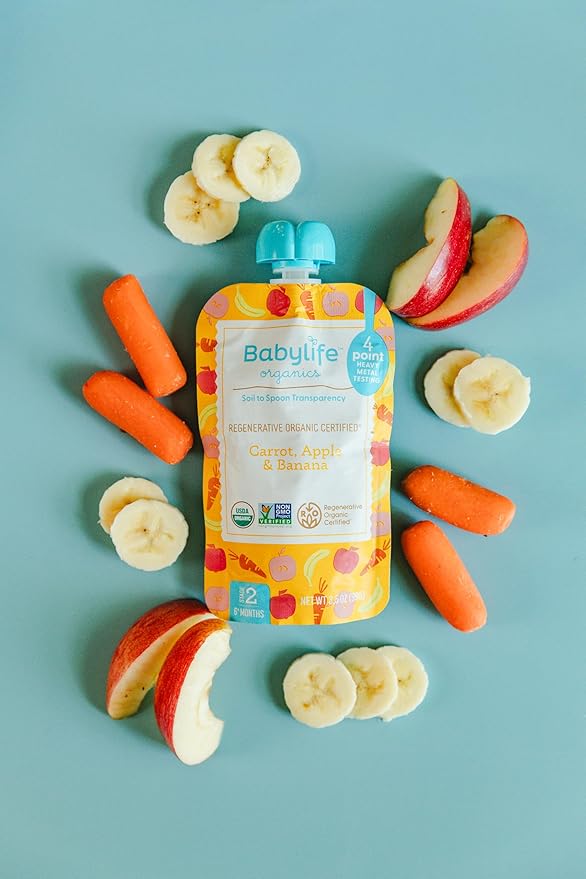 Babylife Organics Stage 2 - Carrot, Apple & Banana, 3.5 Ounce Pouch (6 Pack) - Heavy Metal Safe, Organic Baby Food