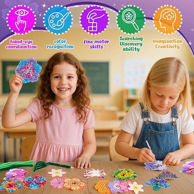 3 otters Poke in Art, Fabric Flower Bouquets Toys Arts and Crafts for Girls Ages 4-12 DIY Creative Activities Birthday Craft Gifts