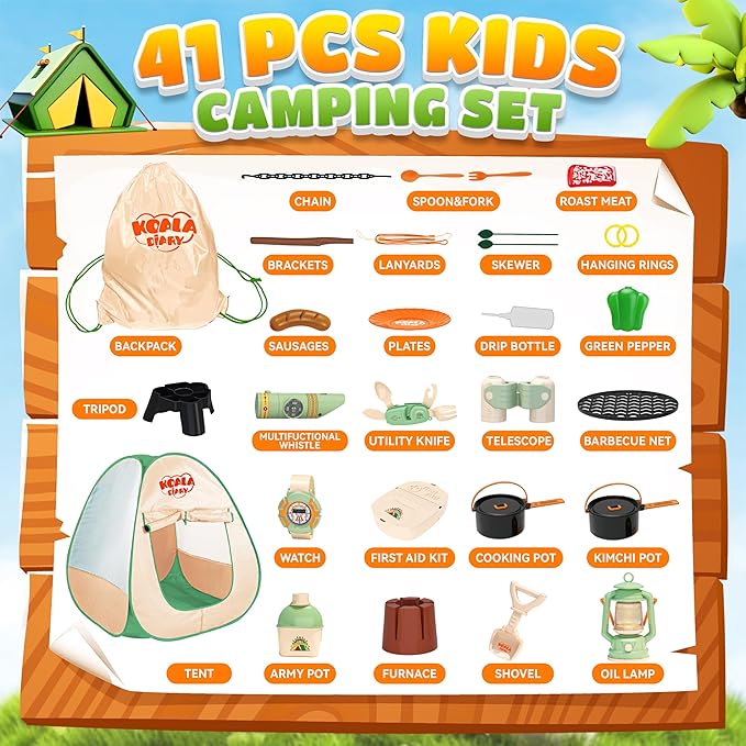 Kids Camping Set, SMILESSKIDDO 41 PCS Pretend Camping Set for Kids 3-5 with Pop Up Tent - Indoor and Outdoor Play Camping Toys for Toddlers