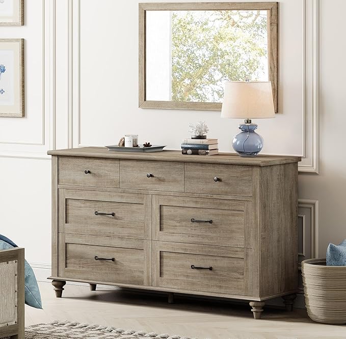 WAMPAT Kids Dresser with 7 Drawers for Bedroom, Wide Baby Dresser for Nursery & Kids Room, Farmhouse Wooden Dressers Closet Organizer for Children’s Bedroom, 54 Inch, Grey