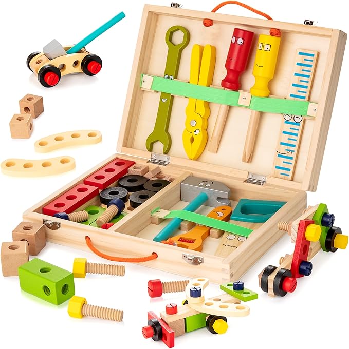 KIDWILL Tool Kit for Kids, 36-Piece Wooden Toddler Tools Set Includes Tool Box, Montessori Educational Stem Construction Toys for 2 3 4 5 6 Year Old Boys Girls, Best Birthday Gift for Kids