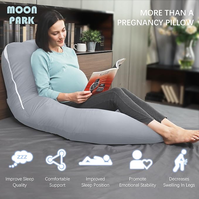 MOON PARK Pregnancy Pillows for Sleeping - U Shaped Full Body Maternity Pillow with Removable Cover - Support for Back, Legs, Belly, HIPS - 65 Inch - Light Grey - Cooling Cover
