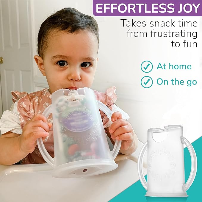 Flipping Holder Squeeze Proof Food Pouch Holder for Toddlers, Babies, Kids, Mess Free No Squeeze Juice Box Drink and Applesauce Snack Holder with Easy Grip Handles and Lid