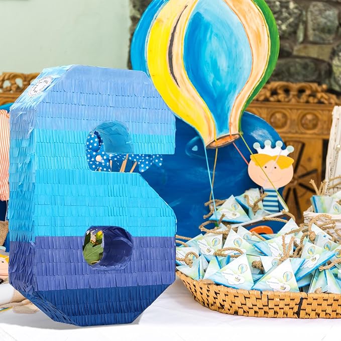 Sratte Number 1 2 3 4 5 6 7 8 9 Piñata with Stick Blindfold Confetti, Gradient Blue Piñata for Kids Boys Girls Birthday Party Anniversary Decorations Supplies(Number 6)