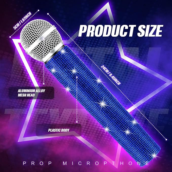 Sanwuta Fake Microphone Prop Sparkly Bling Rhinestones Plastic Play Microphone Pretend Glitter Bedazzled Mic for Cosplay Party Costume(Royal Blue)