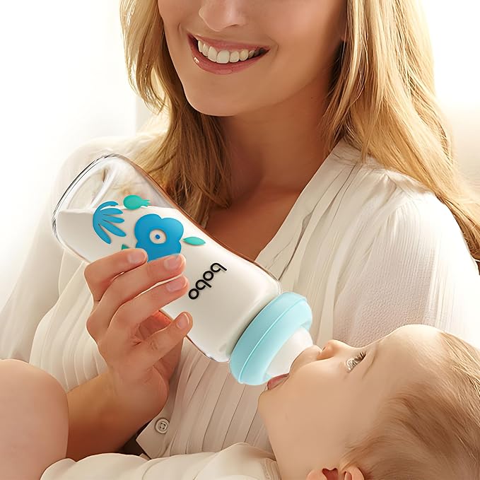 YOHKOH Natural Glass Baby Bottle with Natural Response Nipple, Newborn Anti-Colic Baby Bottles, Wide Neck Mushroom Cap Baby Bottle, Clear (Blue, (8.8oz (Pack of 4))