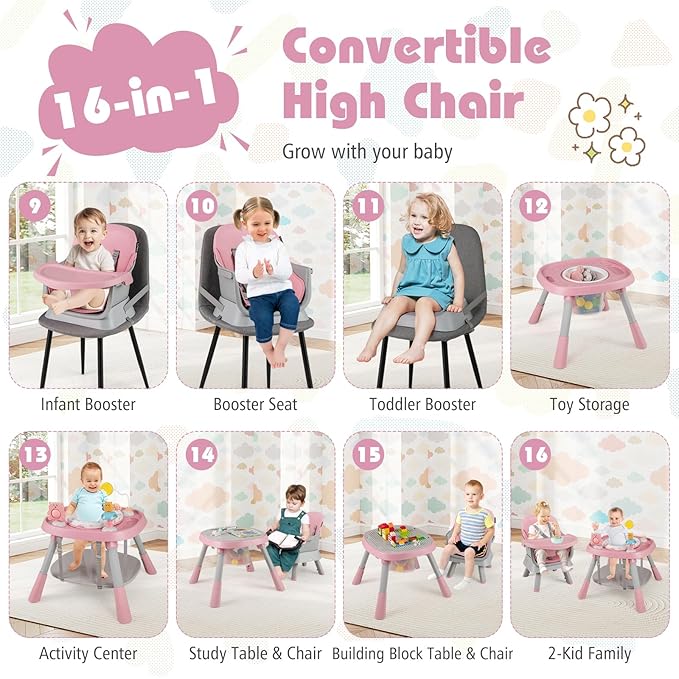 HONEY JOY 16-in-1 Baby High Chair, Convertible Highchair for Babies and Toddlers/Booster Seat/Activity Center with Toys, Building Block Table & Stool, Safety Harness, Removable Cushion & Tray (Pink)