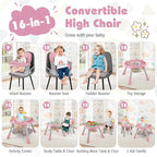 KOTEK 16 in 1 Convertible High Chair, Baby Highchair & Activity Center with Toys, Booster Seat, Building Block Table, Toddler Chair with 5-Point Harness, Removable Tray & Cushion (Pink)
