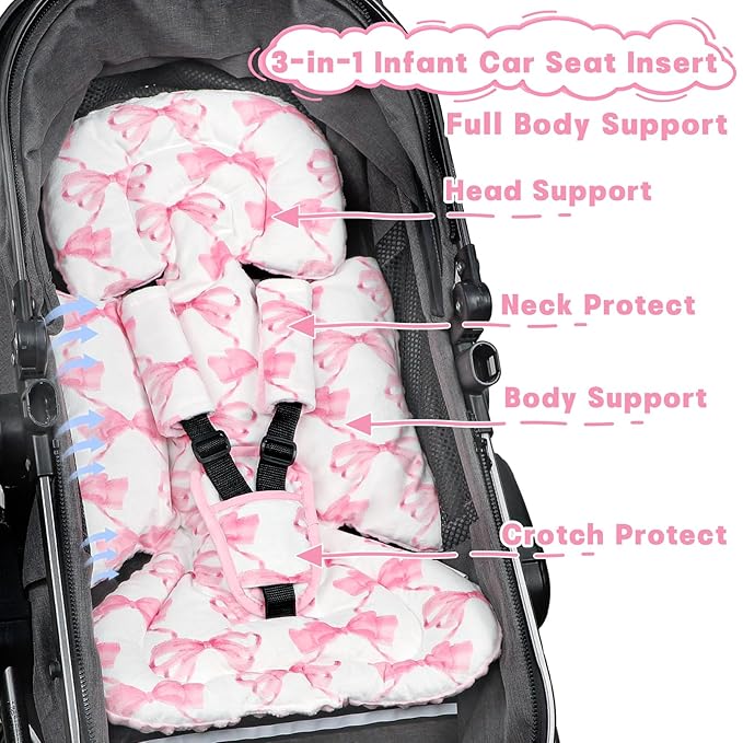 Infant Car Seat Insert, Soft Baby Car Seat Head & Body Support for Girl Boy, Reversible Newborn Preemie Carseat Insert Cushion with 3 Straps Pads, Fits Car Seat, Stroller, Swing, Bouncer, Pink Bow