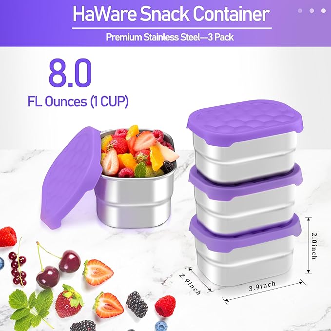 HaWare Stainless Steel Snack Containers for Toddlers and Kids, 8 oz Leak Proof Food Storage Containers with Silicone Lids, Stackable & Reusable Small Metal Lunch Box for Daycare and School- 3 Packs