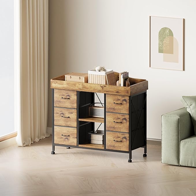 Changing Table, 6-Drawer Baby Dresser with Changing Table top,Waterproof Diaper Changing Station & Pad, 2 Height-Adjustable Open Storage Shelves, Mobile Nursery Organizer, Rustic Brown