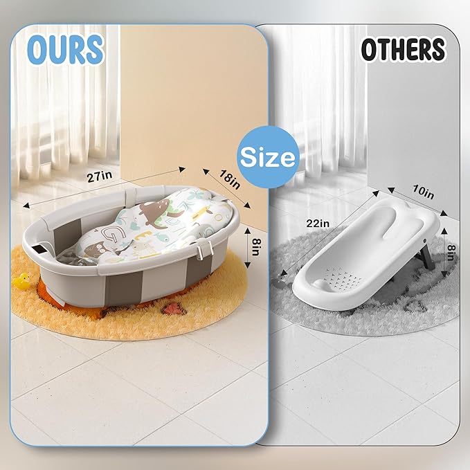 Collapsible Baby Bathtub, 3s to Install, Baby Bath Tub with Soft Cushion & Thermometer, 0-36 Months Newborn Bathtub, Portable Travel Baby Tub, Grey