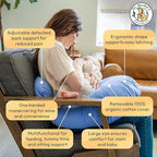 Dr. Mama's Organics Nursing Pillow with Lumbar Support - Ergonomic Design Helps Relieve Back Pain and Arm Fatigue - for Bottle and Breastfeeding - Removable Organic Cotton Cover - (Blue)