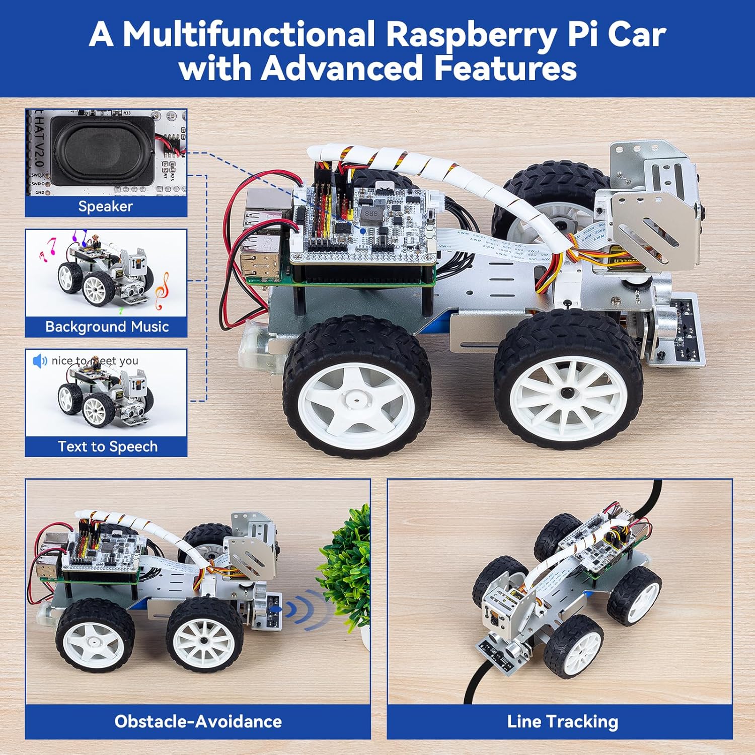 SunFounder PiCar-X AI Video Robot Car Kit for Raspberry Pi 5/4/3B+/3B, ChatGPT-4o Enabled with Video Recognition, Python, Scratch, Camera, Mic, Rechargeable Batterry (RPI NOT Included)