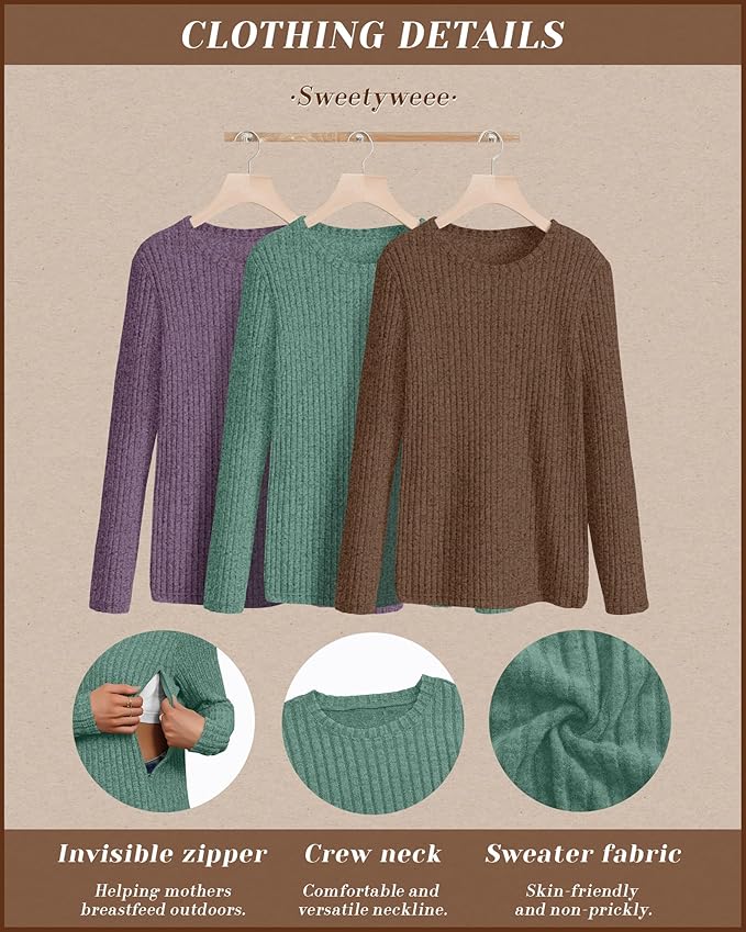 3 Pack Women's Nursing Long Sleeve Tops Breastfeeding Thermal Sweaters with Hidden Zipper Maternity Ribbed Shirts