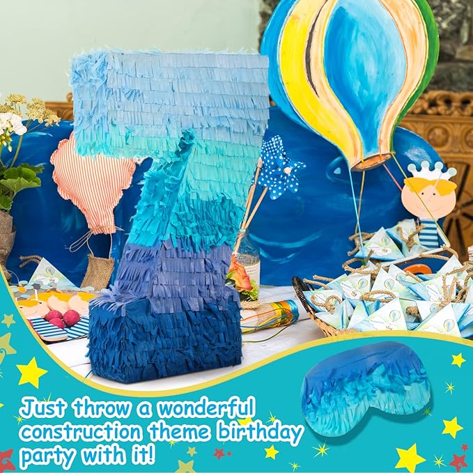 Sratte Number 1 2 3 4 5 6 7 8 9 Piñata with Stick Blindfold Confetti, Gradient Blue Piñata for Kids Boys Girls Birthday Party Anniversary Decorations Supplies(Number 7)